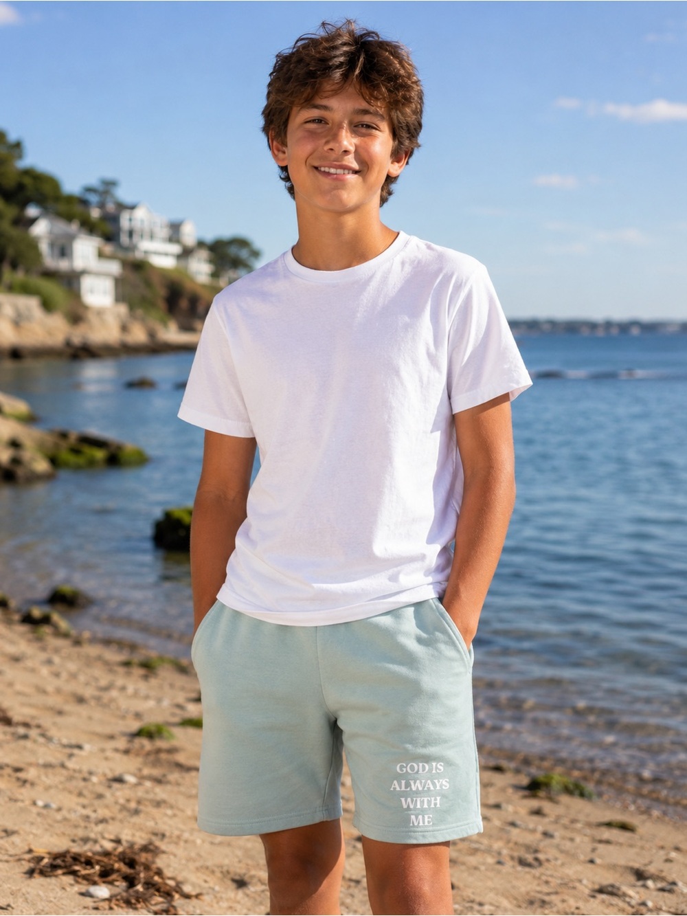 Boys Light Sage Casual Shorts with "God is Always With Me" Script. Teal
